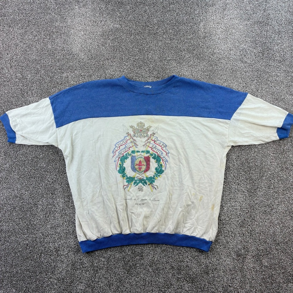 Vintage 80s Glamour‎ Nouveau Shirt Mens XL Blue White French Crest Coat of Arms